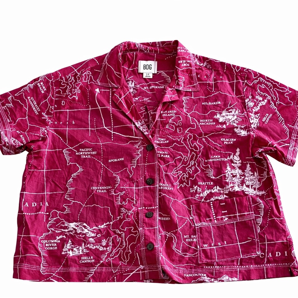 BDG Urban Outfitters Map Print Cropped Button Up Shirt Coral Pacific Northwest S - Picture 4 of 8